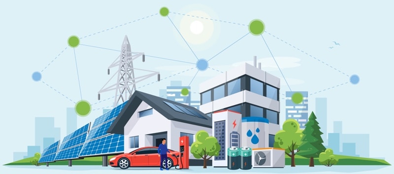 Smart renewable energy power grid system. Off-grid building city battery storage sustainable island electrification. Electric car charging with solar panels, wind, high voltage power grid and city.